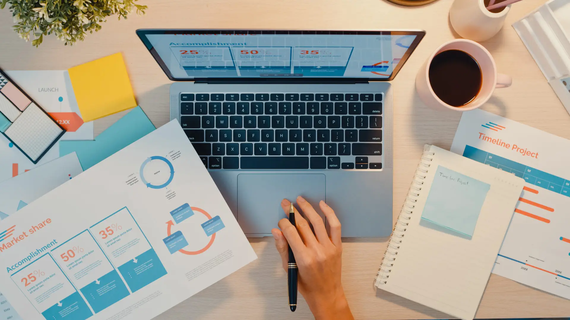 Top view of young business lady freelance focus on laptop w