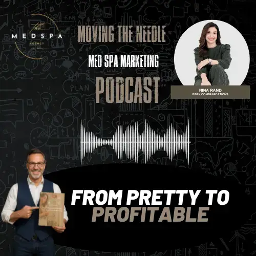 Podcast Cover - image of Chris Fink holding his book on digital marketing for med spas, with text relevant to the podcase episode and title and Nina Rand of BSPK Communications
