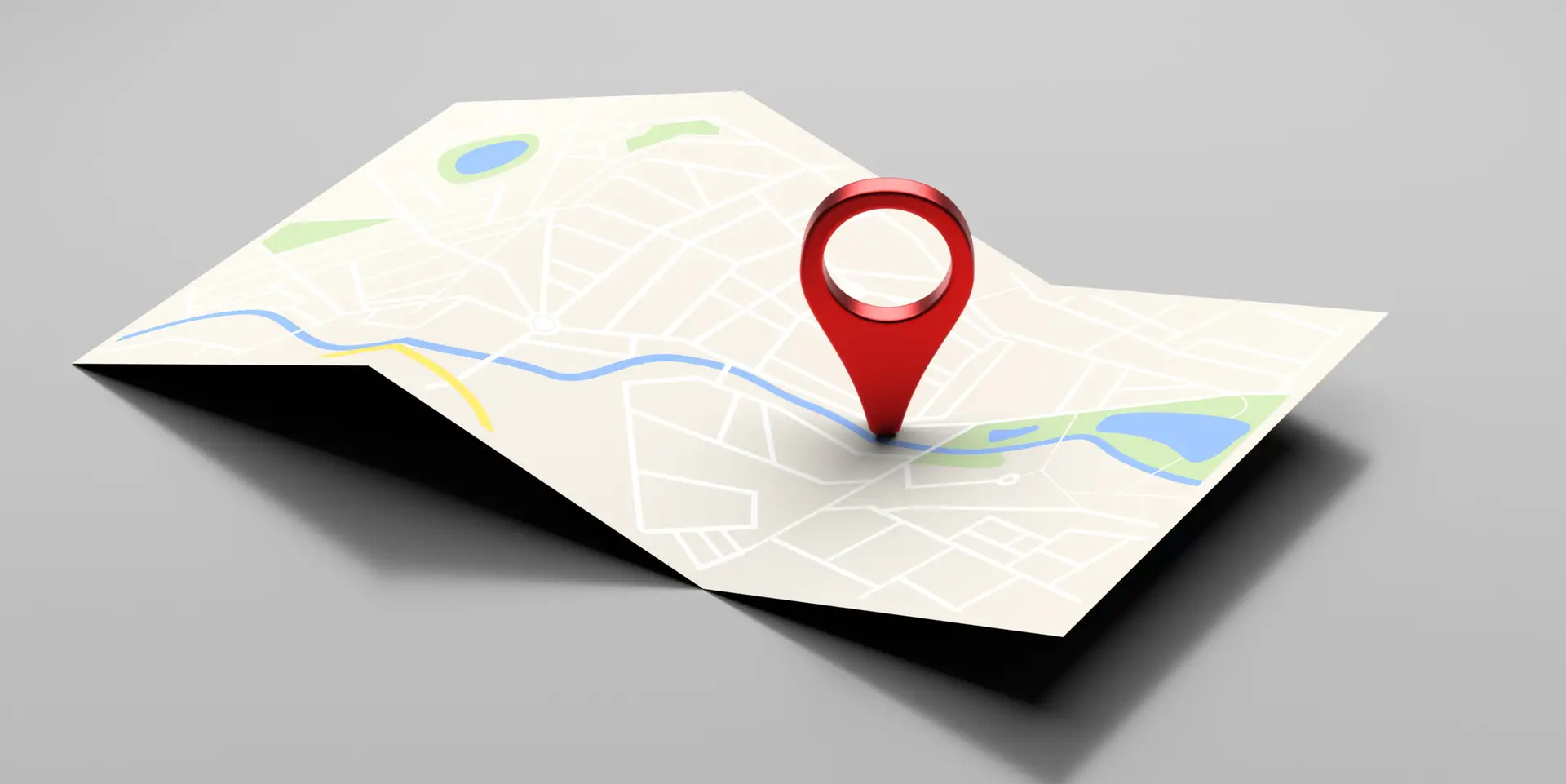 Map and pin pointer location, travel and navigation GPS planning concept. Paper map with shadow on gray color background. 3d illustration