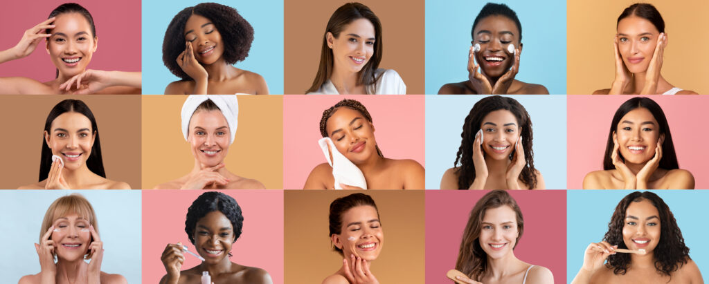 Smiling millennial, adult multiracial women enjoy med spa procedures on colorful background, studio, panorama. Body care, moisturizing cosmetics