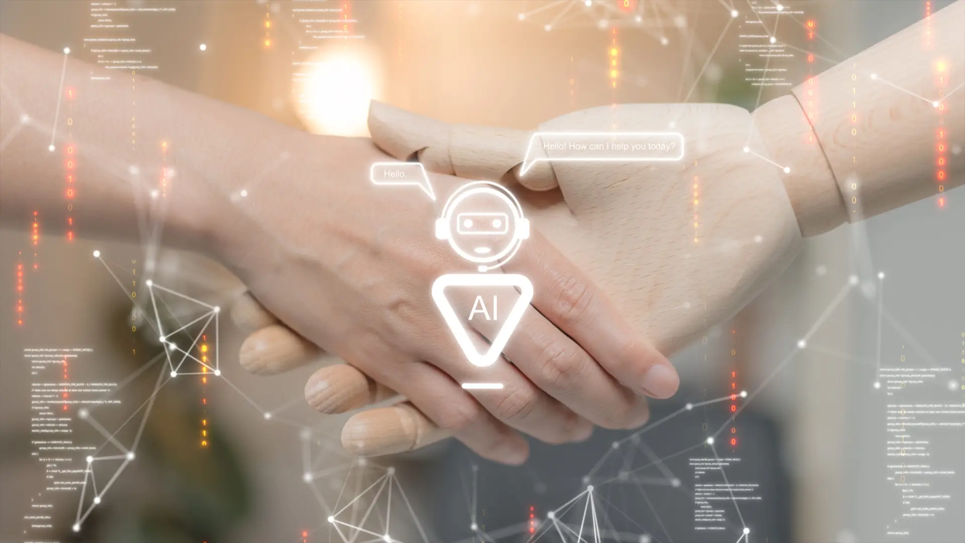 AI chatbot technology concept, intelligent assistant in human-AI collaboration. A human hand is shaking hands with a wooden model, like a human-robot collaboration. Become an online business assistant