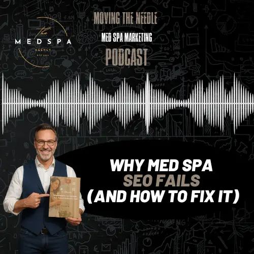 Podcast Cover - image of Chris Fink holding his book on digital marketing for med spas, with text relevant to the podcase episode and title