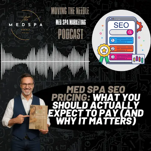 Podcast Cover - image of Chris Fink holding his book on digital marketing for med spas, with text relevant to the podcase episode and title