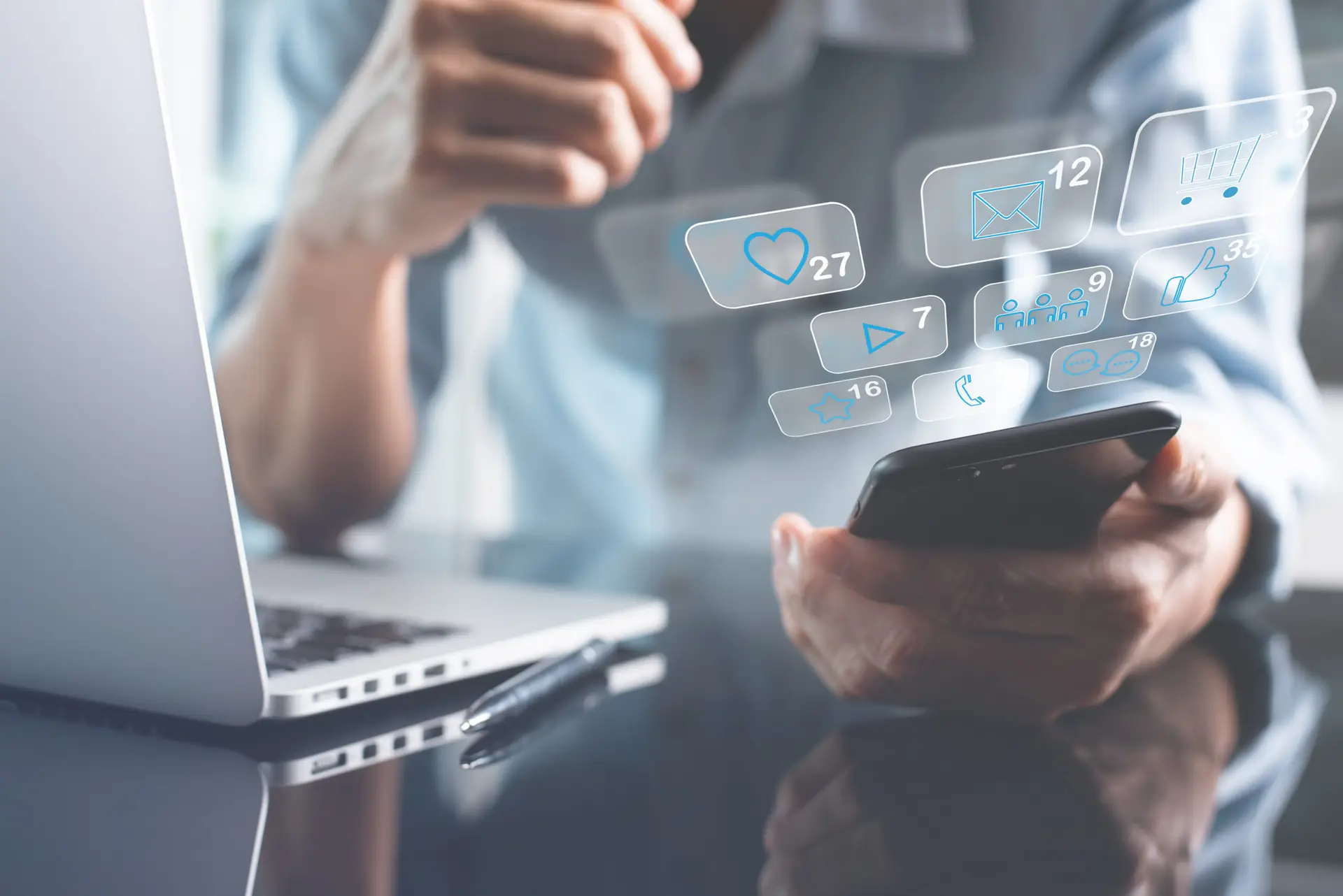 graphic of man using a smartphone and laptop for GEO searches